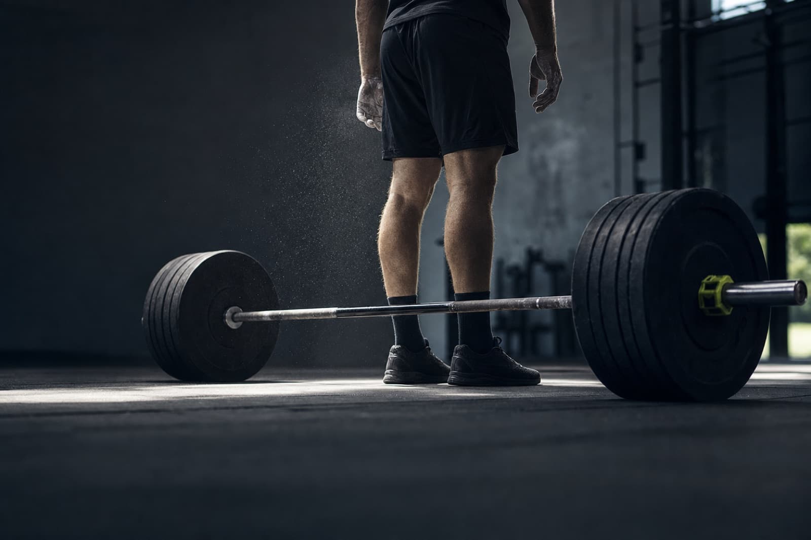 A lifter chalking up behind a loaded barbell on the gym floor