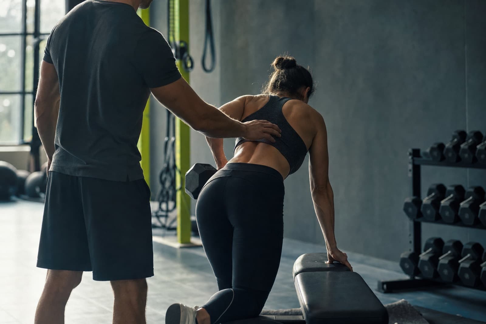 A trainer cueing a client's form during a dumbbell row