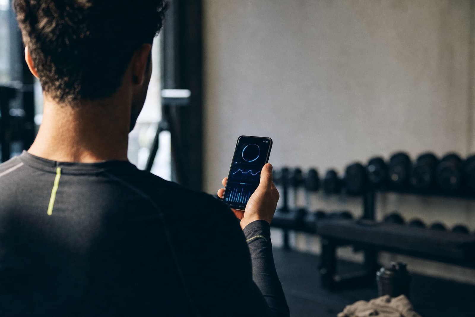 A lifter checking their training session on their phone in the gym